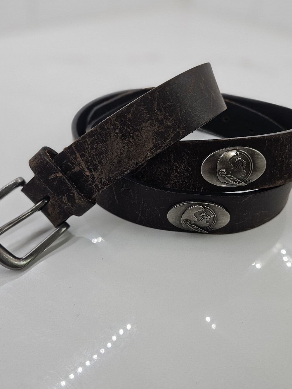 VTG Florida State Seminoles ZEP PRO Brown Leather Concho Belt Indian FSU Mens 42